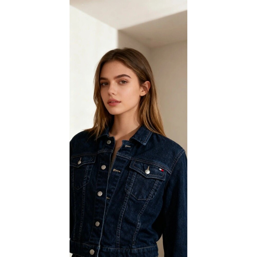 Tommy Jeans Womens Blue Denim Jean Jacket Button Pockets Logo Short L